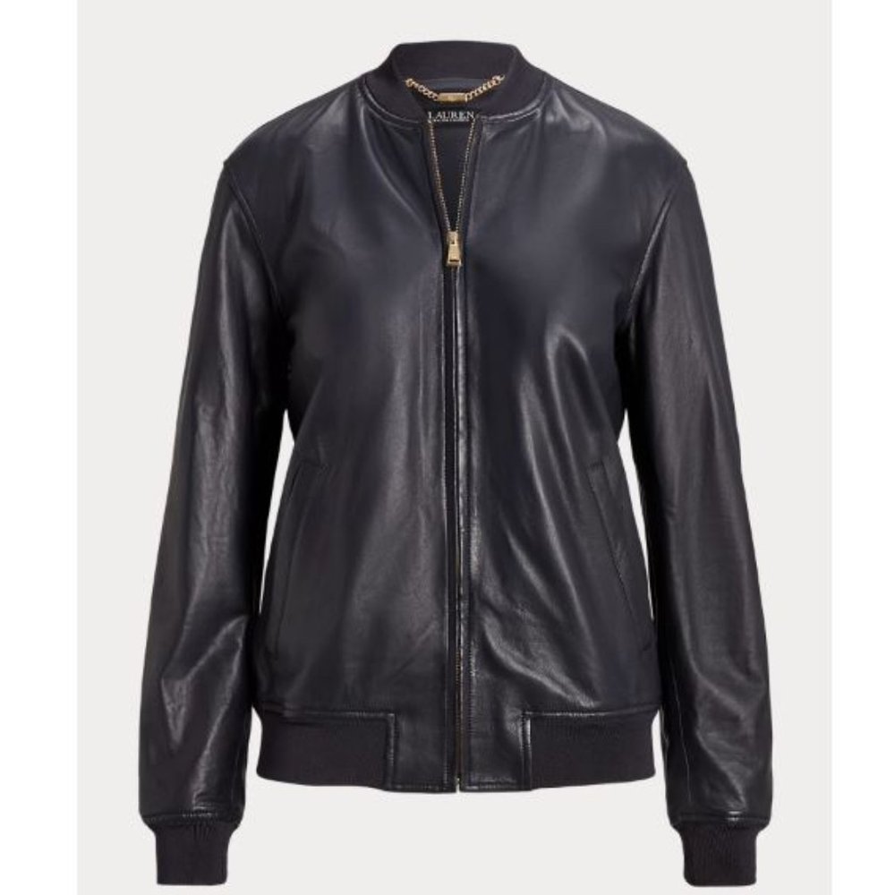 LAUREN Ralph Lauren Stretch Leather Bomber Jacket, Dark Navy
